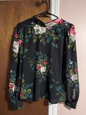 LOFT: XXSP Petite Floral Blouse Tunic Top Black Tie Back Work